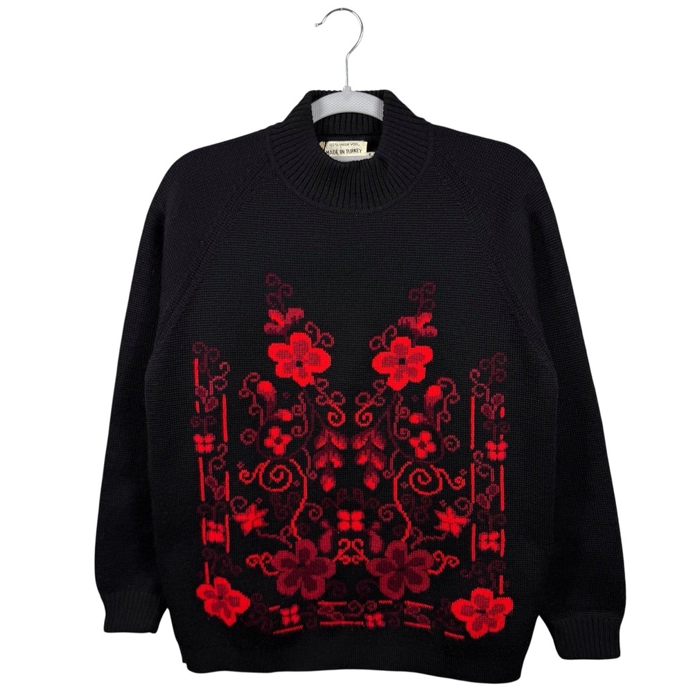 Vintage Folk Floral Motif Black Virgin Wool Ornamental Design Sweater‎ Sz 38 (M)